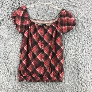 Weavers Blouse Womens Medium Plaid Off Or On Shoulder Top